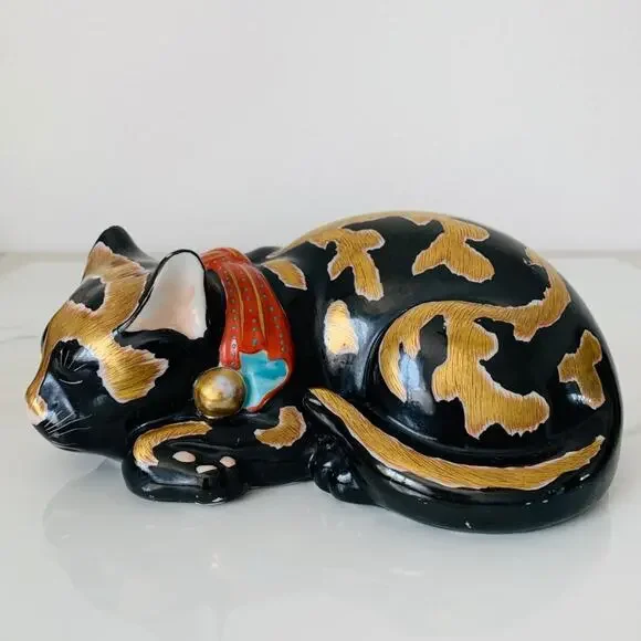 Antique Sleeping Cat Nemuri Neko Kutani Imari Porcelain Cat Japan Gilded